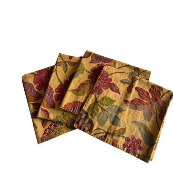 Handcrafted Cotton Napkins Set Of Four Reversible Warm Florals/Stripe 20'x20' - Picture 2 of 11